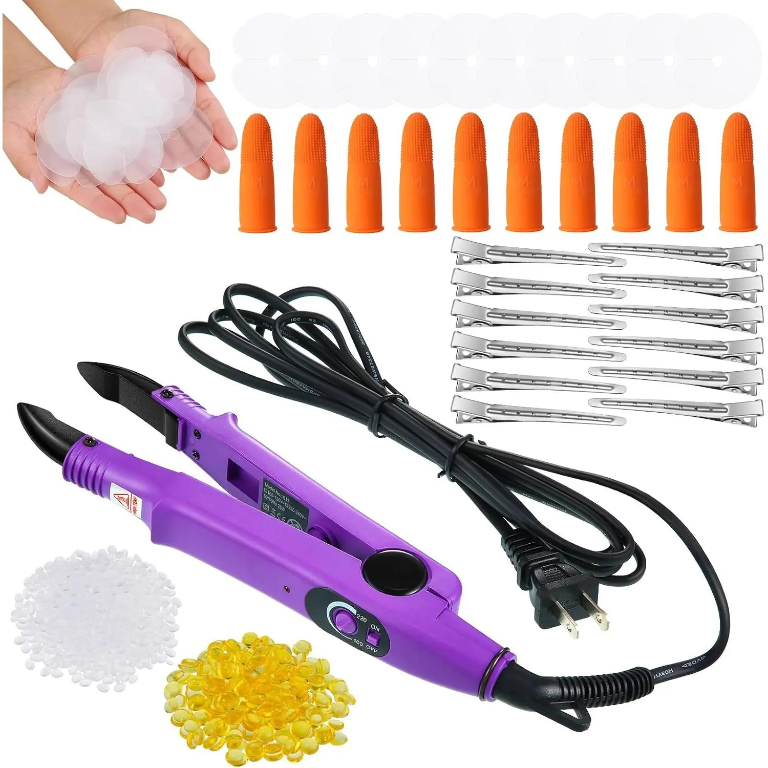Fusion Hair Extension Kit with Heat Iron Tool, 50g Keratin Glue Beads, 12 Clips, Heat Shields, and Finger Protectors, Storage