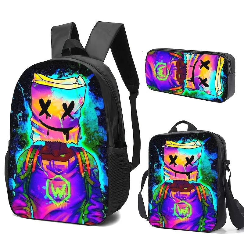 A Vibrant Fluorescent Style Print Backpack And Accessory Set Featuring a Cartoon Mask Character, Designed with High-Saturation Neon Colors, Suitable for Trendy Commuting Or Everyday Outings. The Bag Includes Adjustable Shoulder Straps And a Spacious