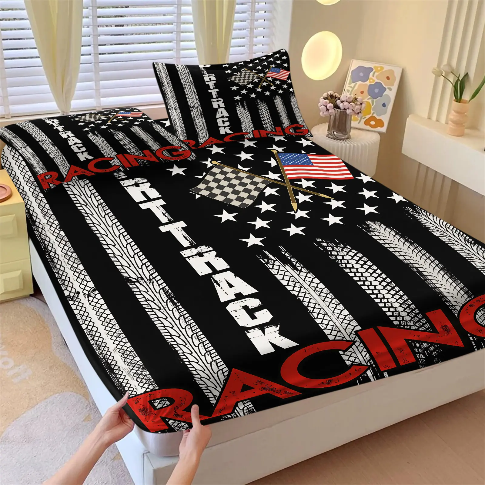 Vintage Dirt Track Racing Tire Track Fitted Sheet Set, Includes 1 Elastic Fitted Sheet & 2 Pillowcases, Tire Track Texture US Flag Check Race Flag Distressed Letter Pattern, Lightweight Cozy Fabric, Unique Birthday Gift For Dirt Bike Fans