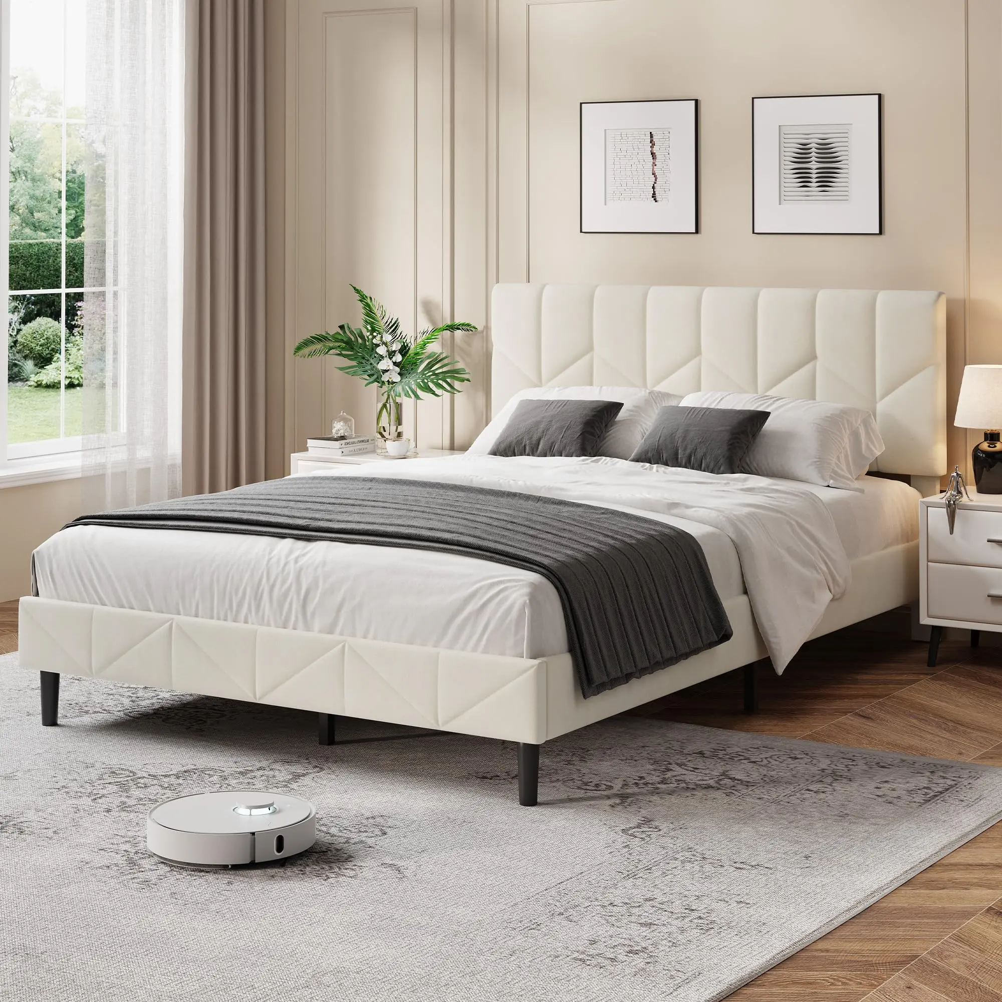 Upholstered Bed Frame with Headboard for Bed - Full/Queen Sizes, Elegant White Color, Comfortable Design to Boost Bedroom Aesthetics