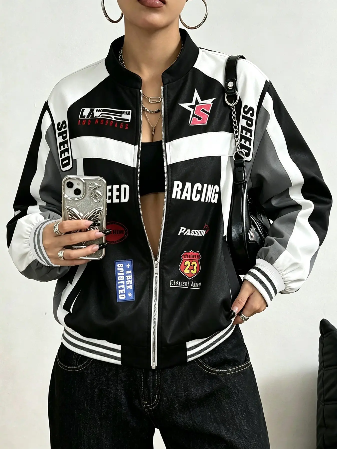 Women's Motorcycle Style Zipper Jacket, Racing Pattern, Fall Winter Fashion Long Sleeve Outerwear, Casual Streetwear for Daily Wear
