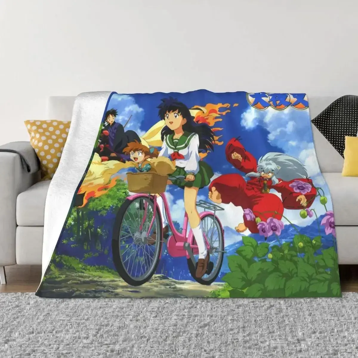 Inuyasha Kagome Shippou Anime Print Plush Polyester Throw Blanket, Multi-Size, Plush Texture, All Season Soft Camping Sleeping Gear, Anime Gift