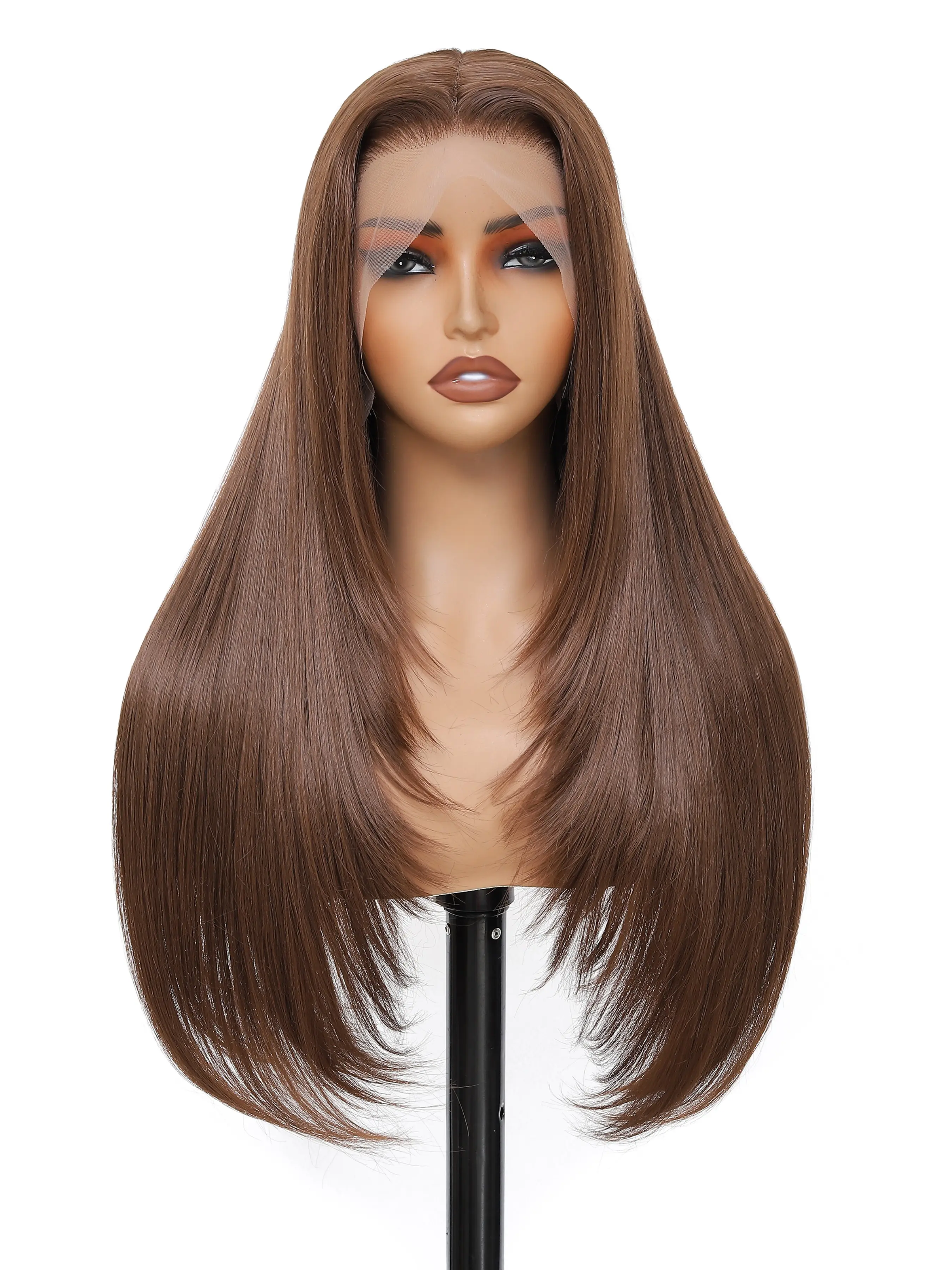 13x6 Lace Front Wig Synthetic Hair Pre Plucked 26 Inch Layered Straight 200 Density Chocolate Brown Colored Widow's Peak Lace Frontal Wigs for Women Daily Party Use and Wig Night Summerwins Lace Hairline Wig