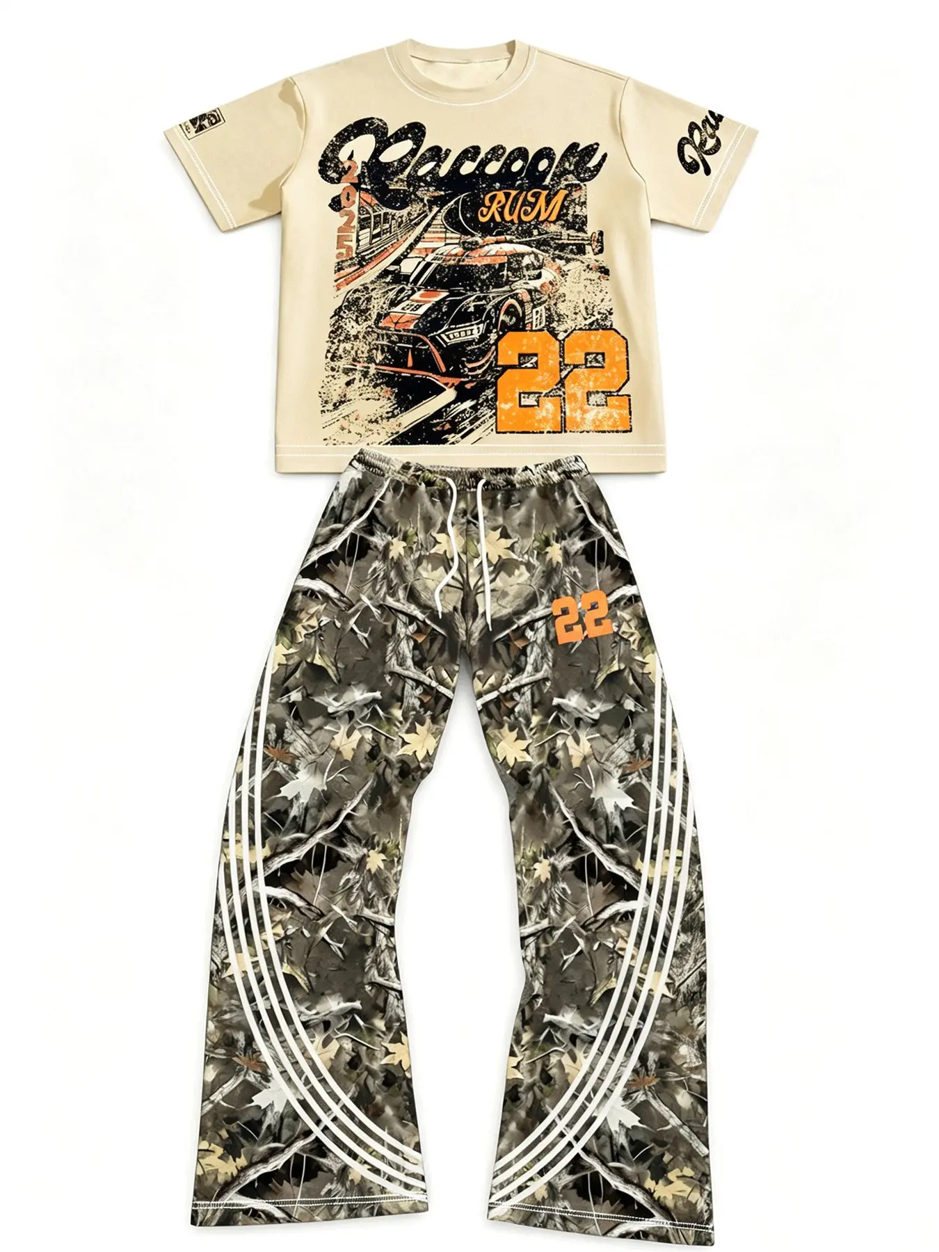 Men Vintage Race Car Graphic Short Sleeve T Shirt 2 Piece Matching Set Tree Camo Side Stripe Flare Sweatpants Streetwear Outfit
