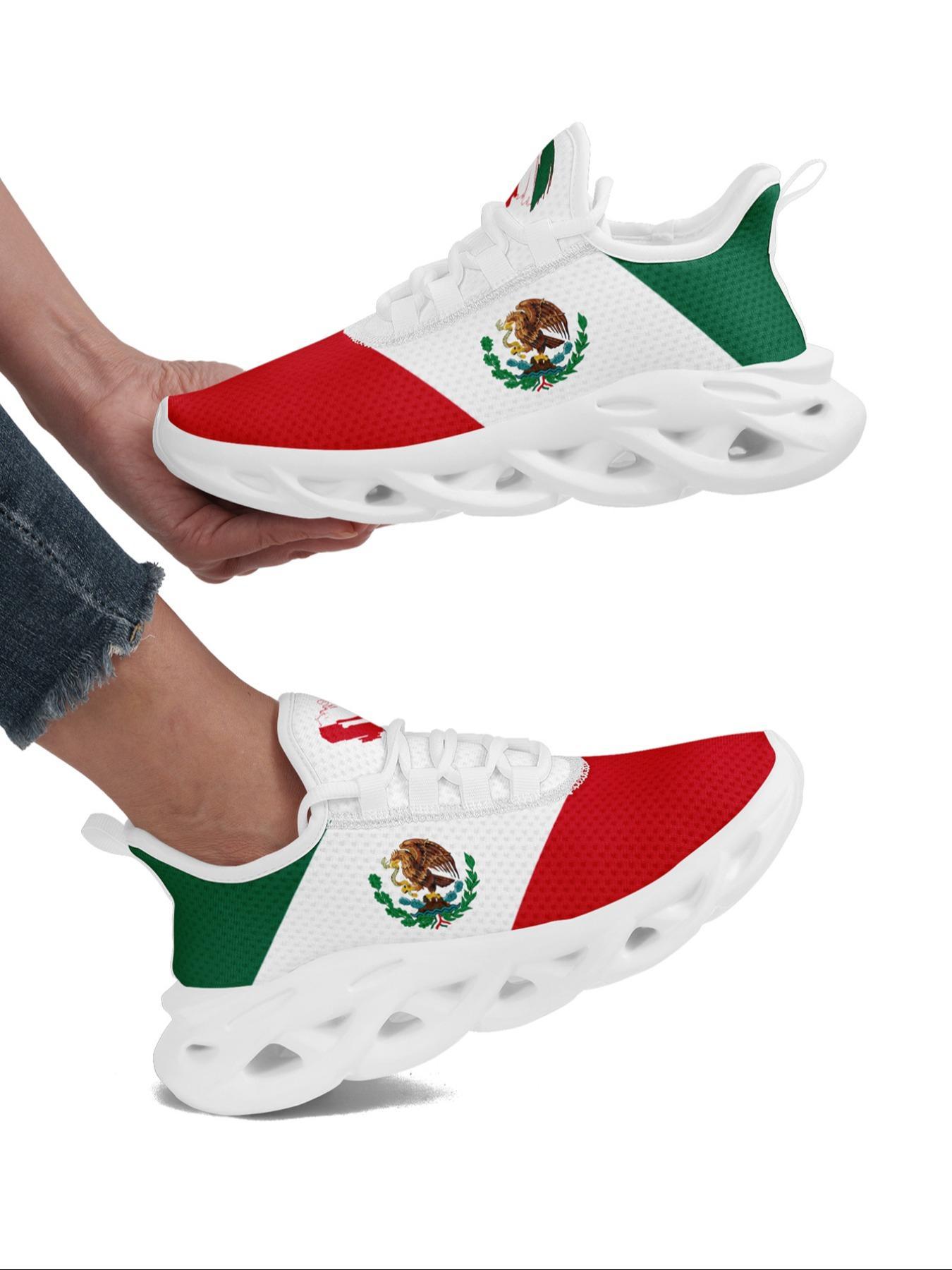 Women's Mexico Flag Print Lace Up Running Sneakers, Casual Comfortable Breathable Sports Fashionable Shoes, Gym Training Sport Walking Sneakers for Daily Wear, Trainer