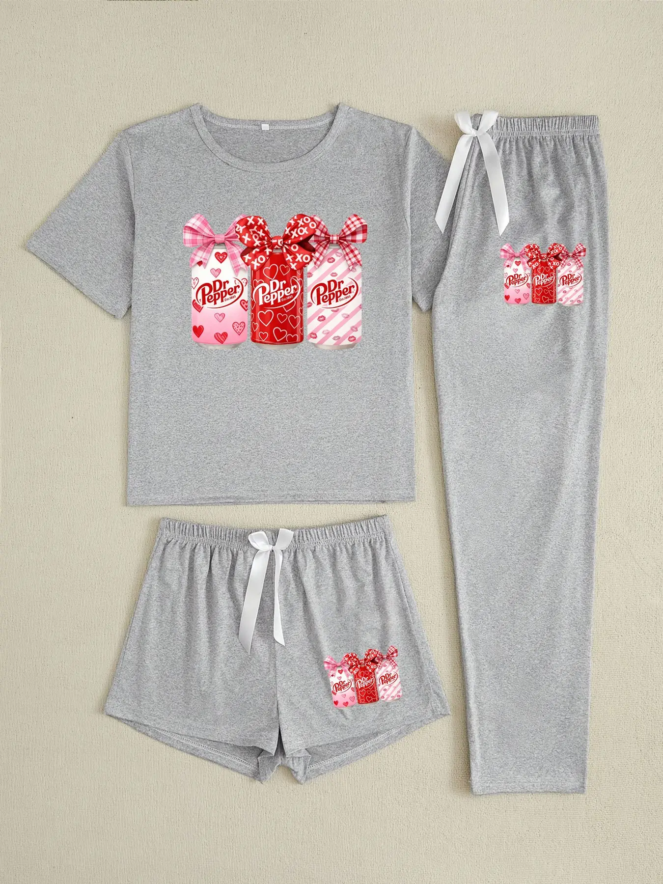 Women's Halloween Pajama Set, Three-Piece Bowtie Dr Pepper Drink Print, Loose-Fitting Casual Sleepwear, All Seasons Comfort