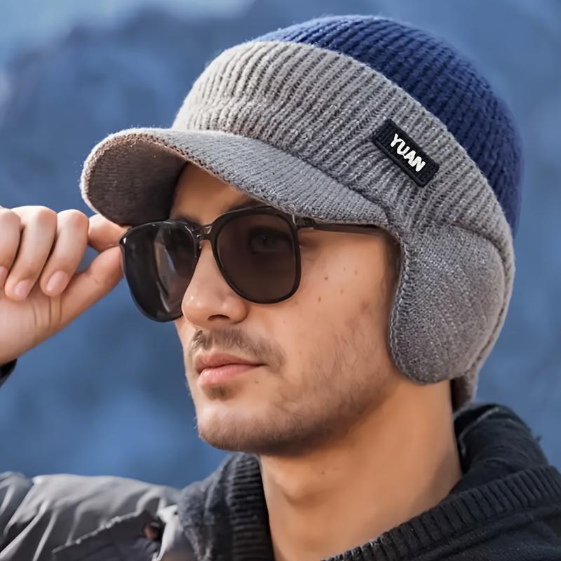 Men's Winter Knitted Ear Protection Duckbill Hat with Fleece Lining Warm Windproof Cap for Outdoor Cycling Cold Weather