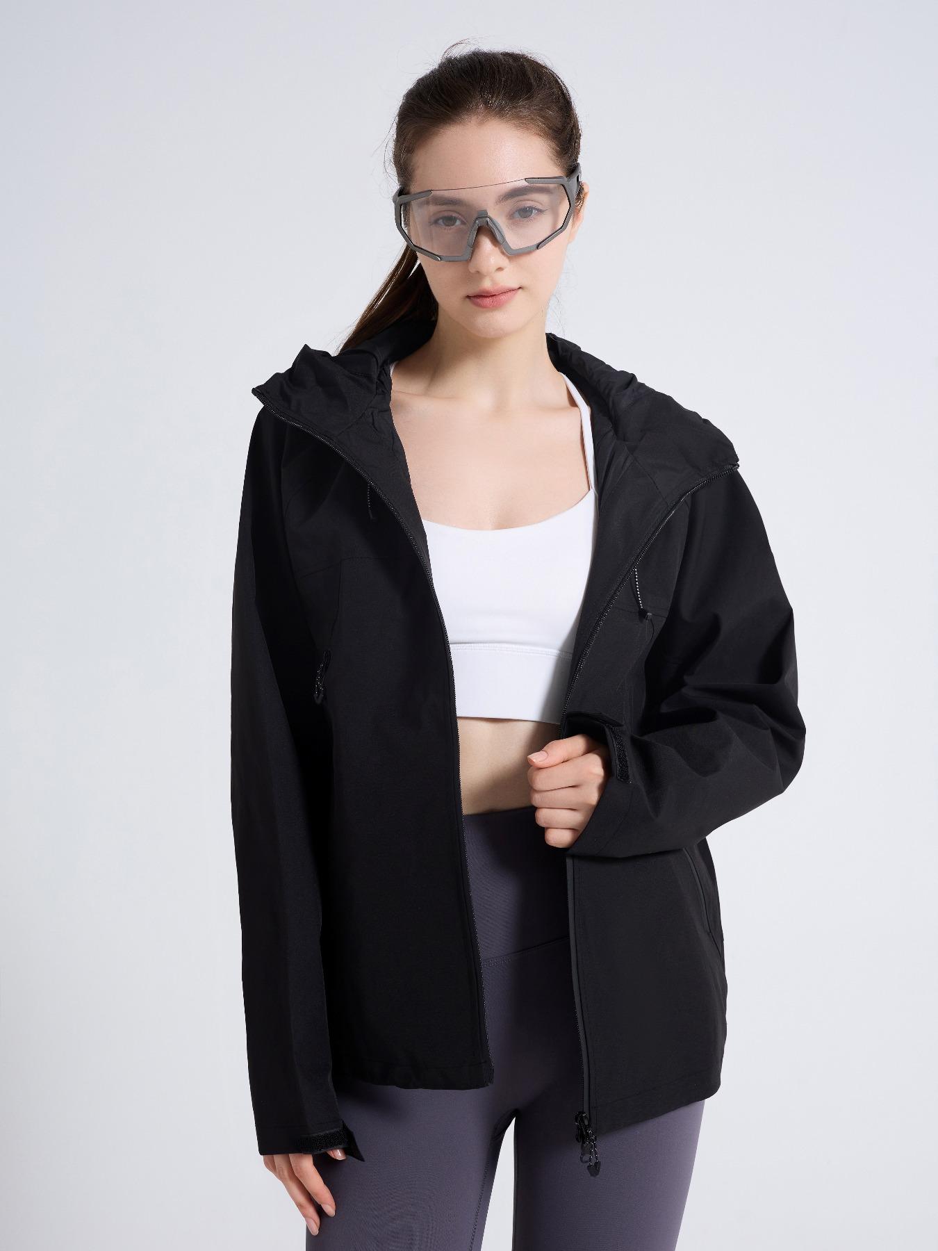 Women's Solid Zip Up Drawstring Hooded Jacket, Outdoor Lightweight Windproof Waterproof Long Sleeve Sports Jacket for Cycling Snow Skiing, Women's Sportwear for Fall & Winter, Waterproof Windproof Outerwear