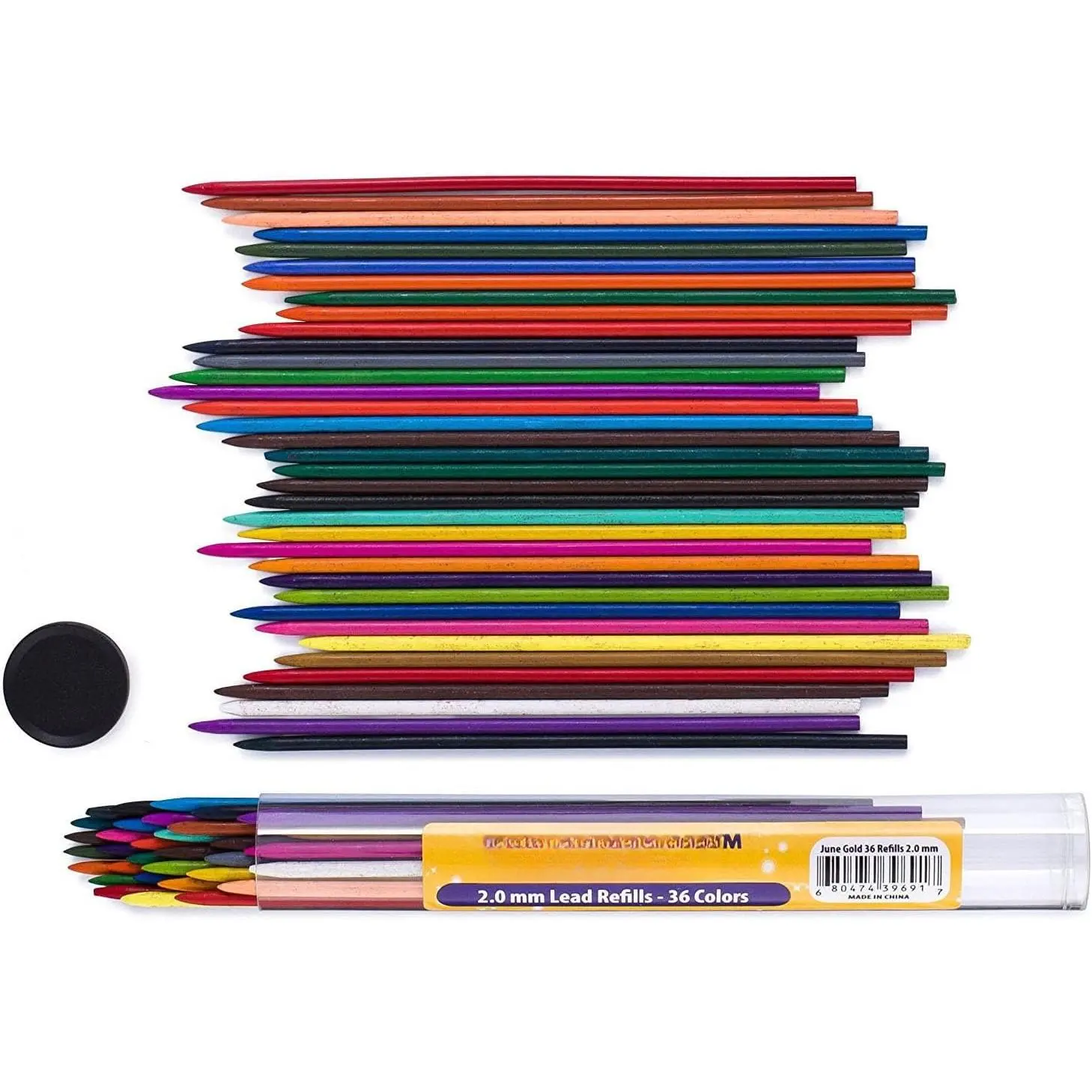 36 Uniquely Colored 2.0 mm Pre-Sharpened Lead Refills, 90mm Length, Bold Thickness for Heavy Use, Break-Smudge Resistant, with Travel Carrying Tube