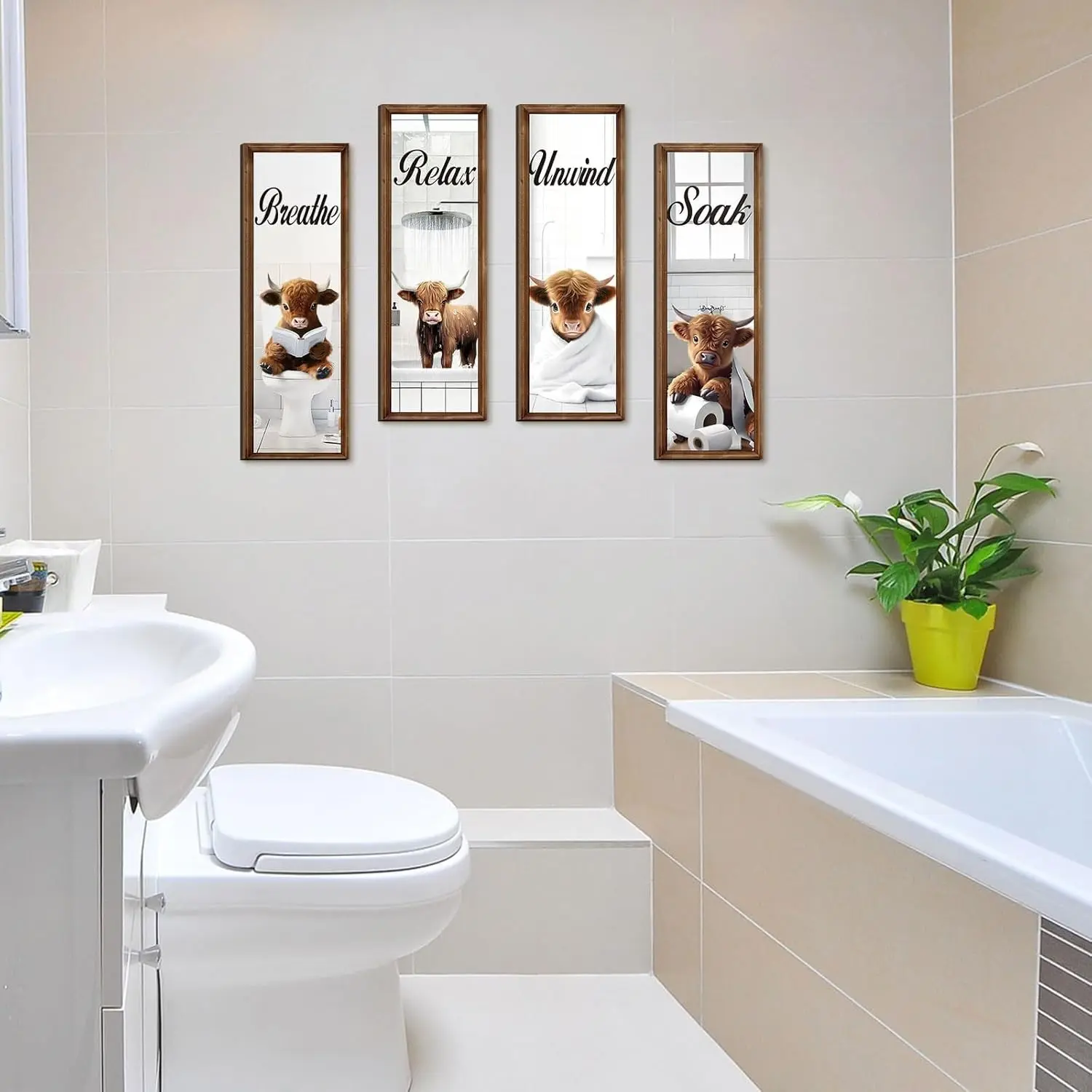 4 Pieces Highland Cow Bathroom Wooden Wall Sign Set, Funny Cow Soak Relax Unwind Breathe Farmhouse Wood Framed Wall Plaque, Creative Wall Art, Rustic Country Bathroom Restroom Decor Decoration Items