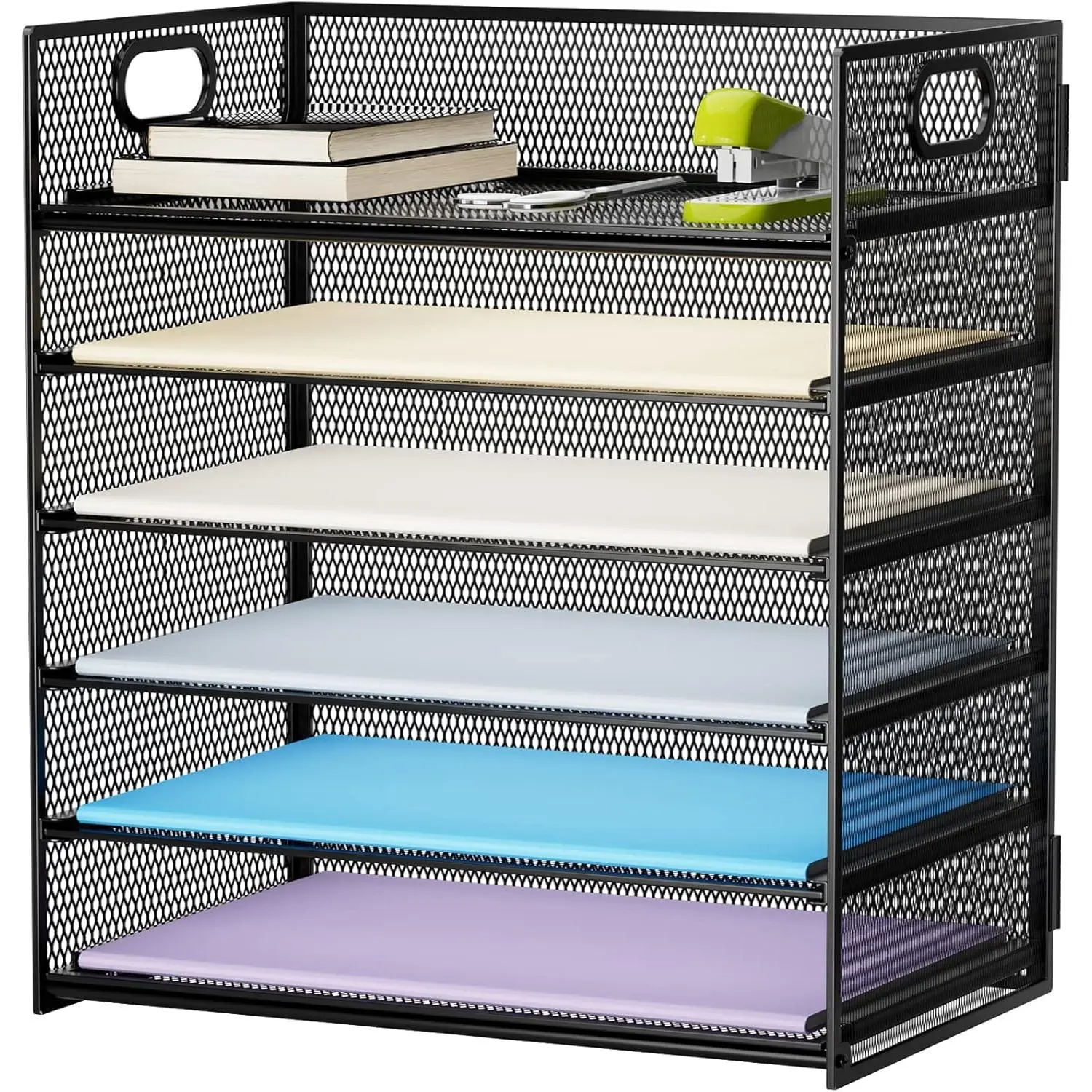 Marbrasse 6-Layer Mesh Desk Organizer with Handle - 6-Layer Paper Tray, 5 Sliding Trays, Metal Frame for A4 Office Folders, Letter Sorting, Home Organization - Black, Six Layers