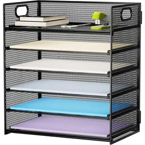 Marbrasse 6-layer paper organizer letter tray - Mesh desktop file organizer with handle, used for sorting and organizing letters/A4 office folders - Black