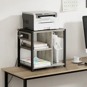 Mobile Printer Stand with Power Outlets & USB Ports – 3/4 Tier Rolling Cart with Storage Shelf, Lockable Wheels, Desktop Printer Table for Home Office, Small Spaces & 3D Printer, Black, 18 x 17.3 Inches