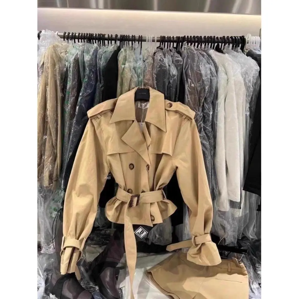 Y2k Long Sleeve Trench Coat Women + Vintage High Waist Shorts Autumn New Two Piece Sets Crop Tops Women Casual Streetwear 2025