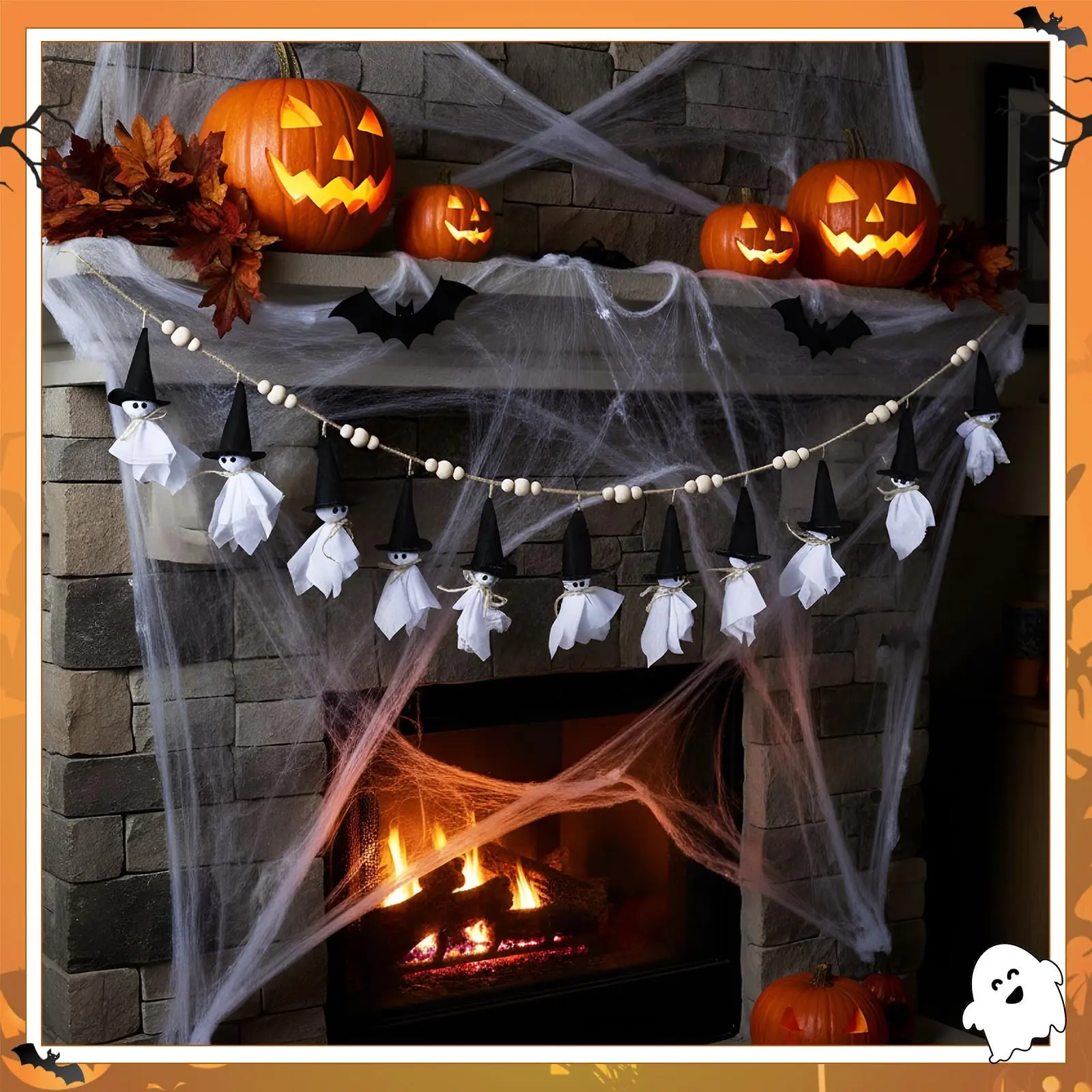 Halloween Garland Cute Witch Hat Ghost with Wooden Beads Garlands Farmhouse Rustic Halloween Banner for Wall Haunted House Party Yard Outdoor Spring Decor Supplies