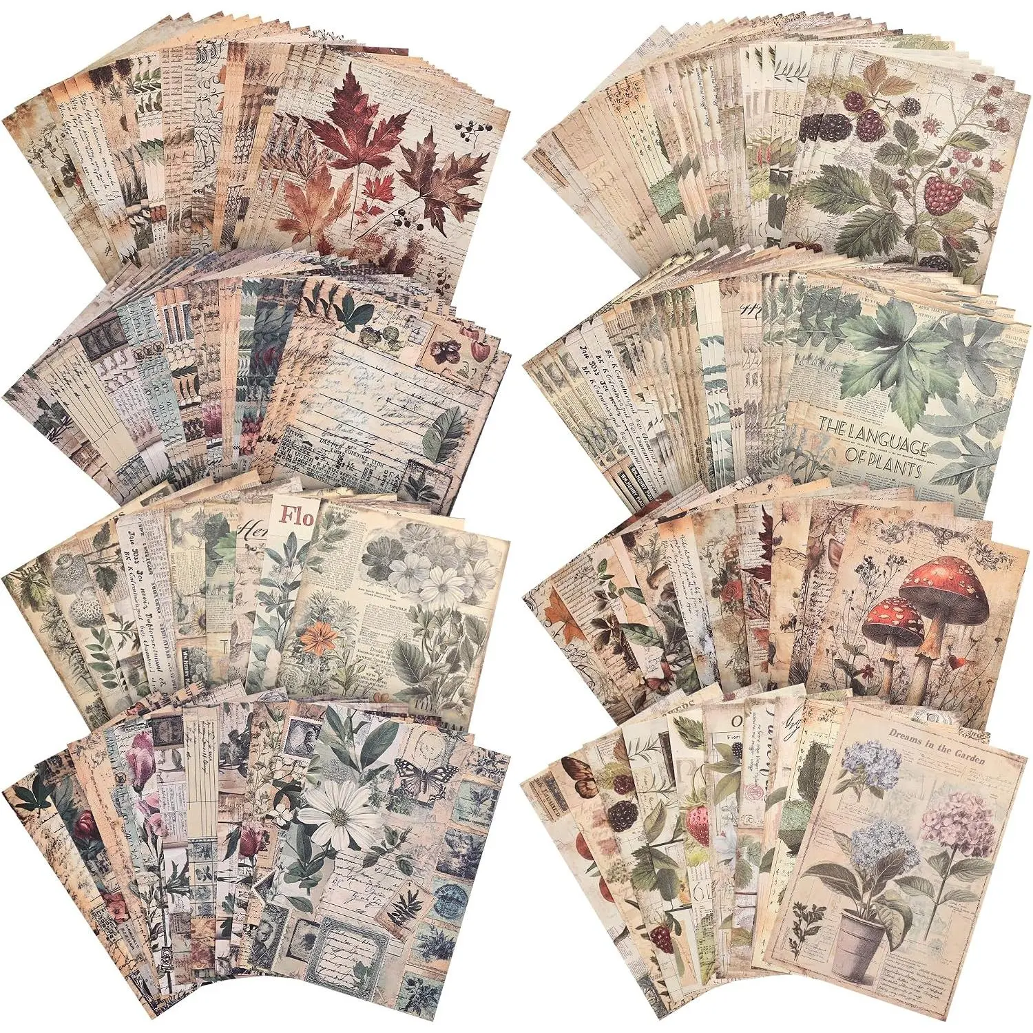120 Sheets  Botanical Scrapbook Paper Set, Journaling Scrapbooking Supplies Craft Decoupage Papers Kit, 4 Themes x 30 Mushroom Floral Antique Letter Design for Junk Journals Collage Card Making