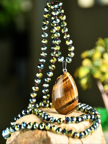 Vintage Tiger Eye Teardrop Natural Stone Pendant Long Necklace, Handmade Knotted Crystal Beaded Chain, Sparkling Luxury Gift for Special Occasions, Boho Chic Crystal