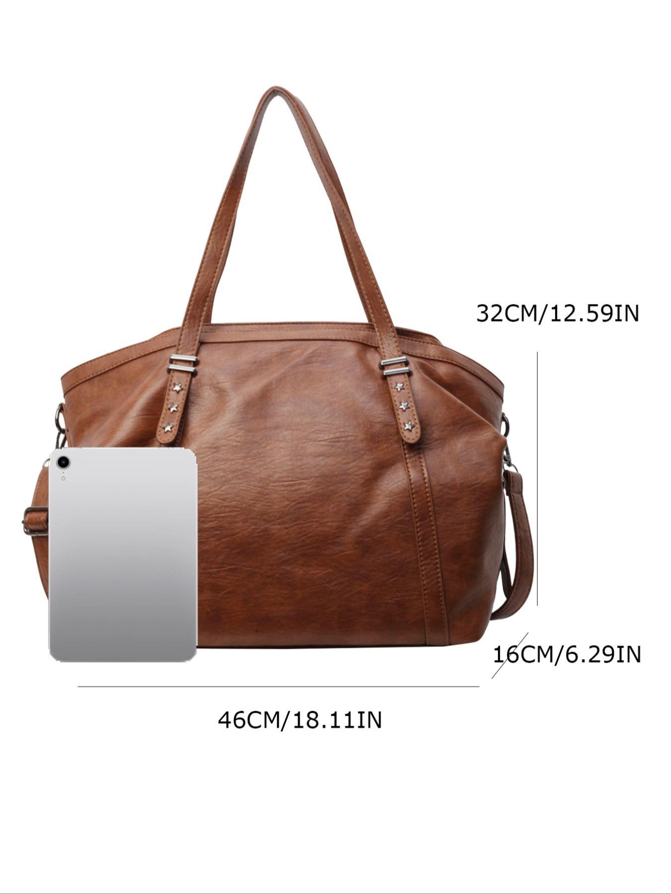 Women's Elegant Solid Color Tote Bag, Fashionable Large Capacity Star Detail Shoulder Bag for Daily Used, Casual Trendy Versatile Commuter Messenger Bag, Pu Tote Satchel
