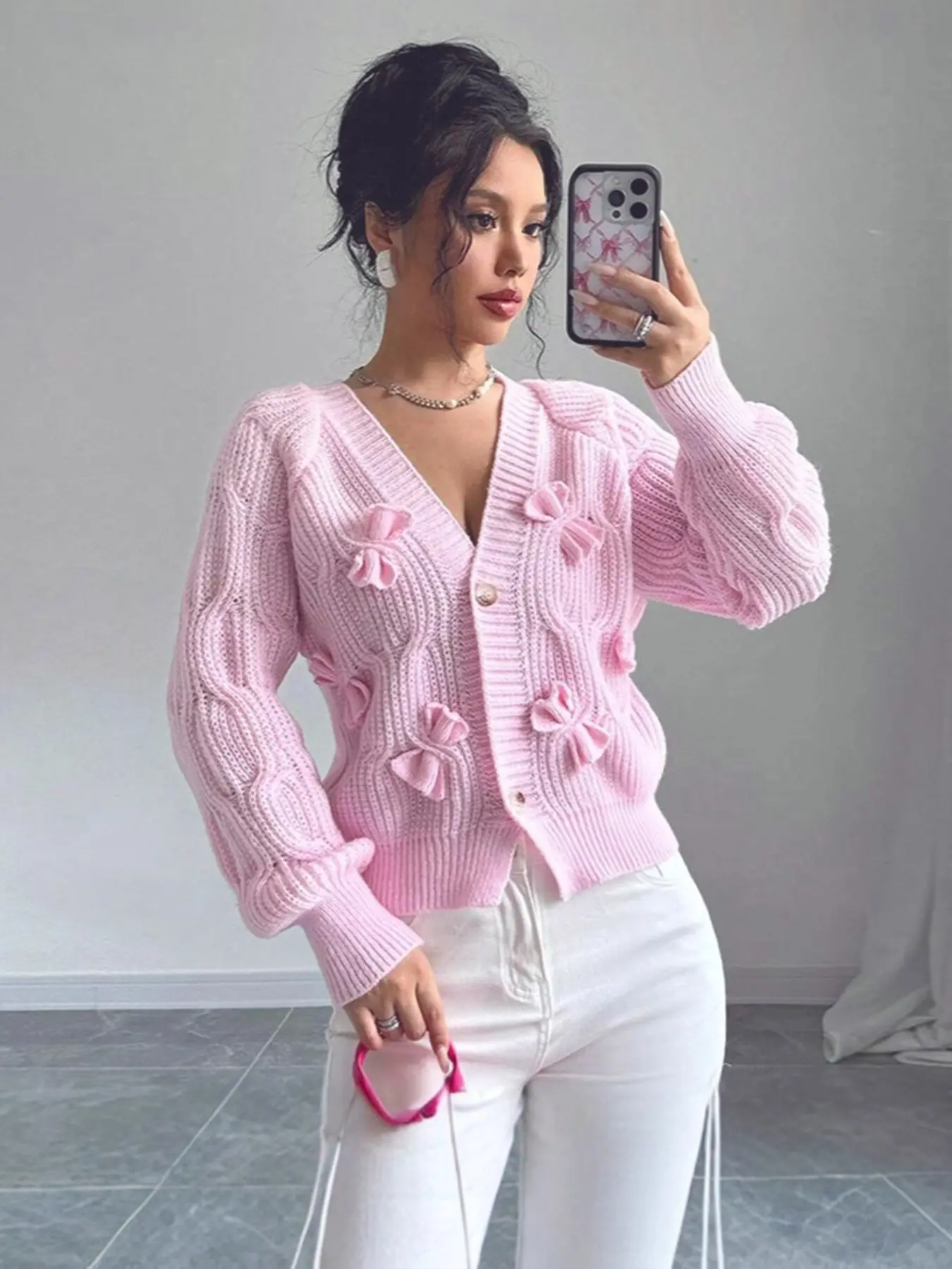 Soft pink bow cable-knit V-neck cardigan, short puff long sleeve button-up sweater, stretchy breathable knit fabric, cute feminine layering jacket, perfect for everyday dating outfits in spring and autumn
