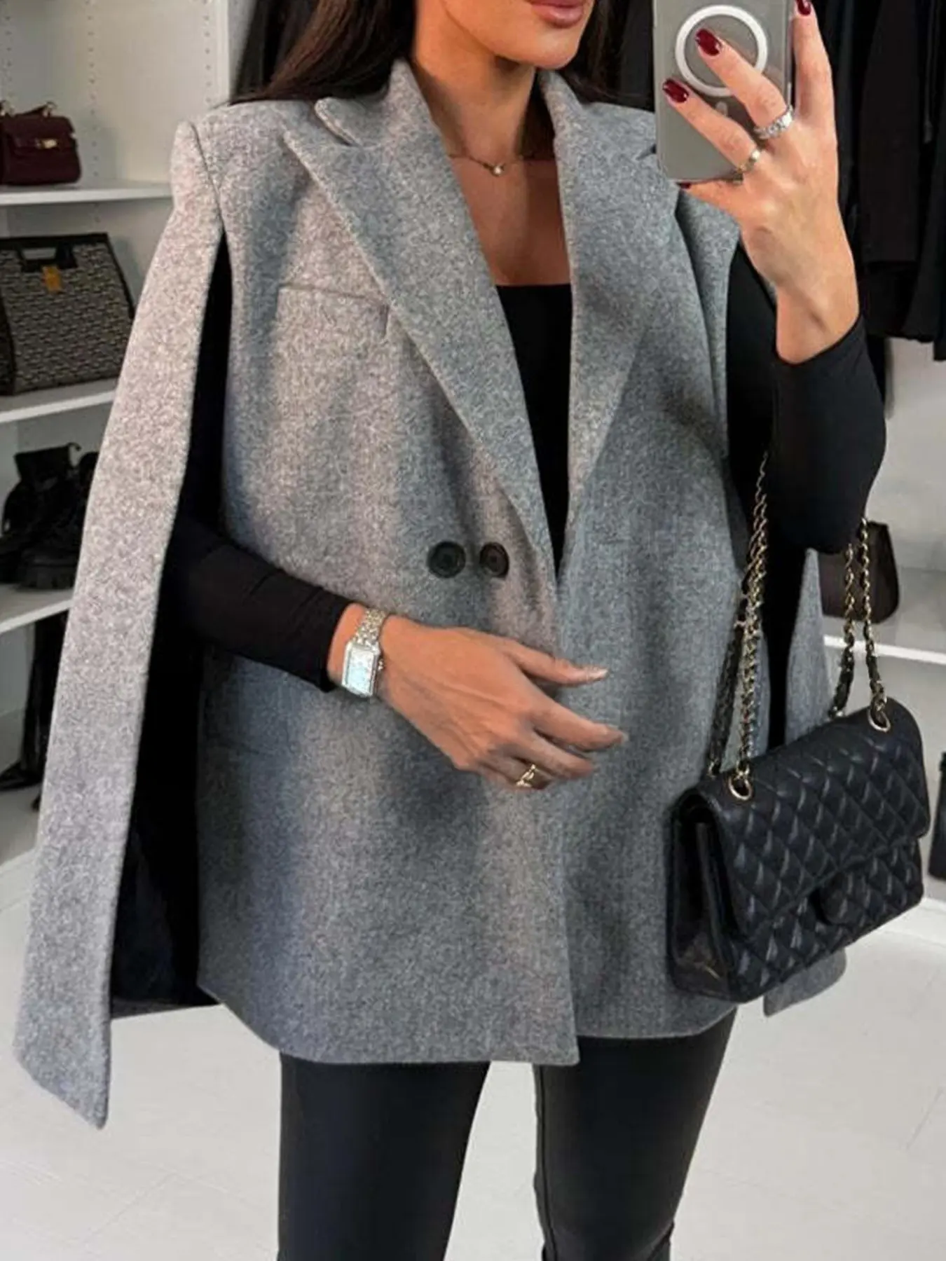 Solid Color Double-Breasted Cape Coat, Hollow Out Open Sleeve Design, Woolen Jacket with Notch Lapel and Flap Pockets, Fall Women's Top