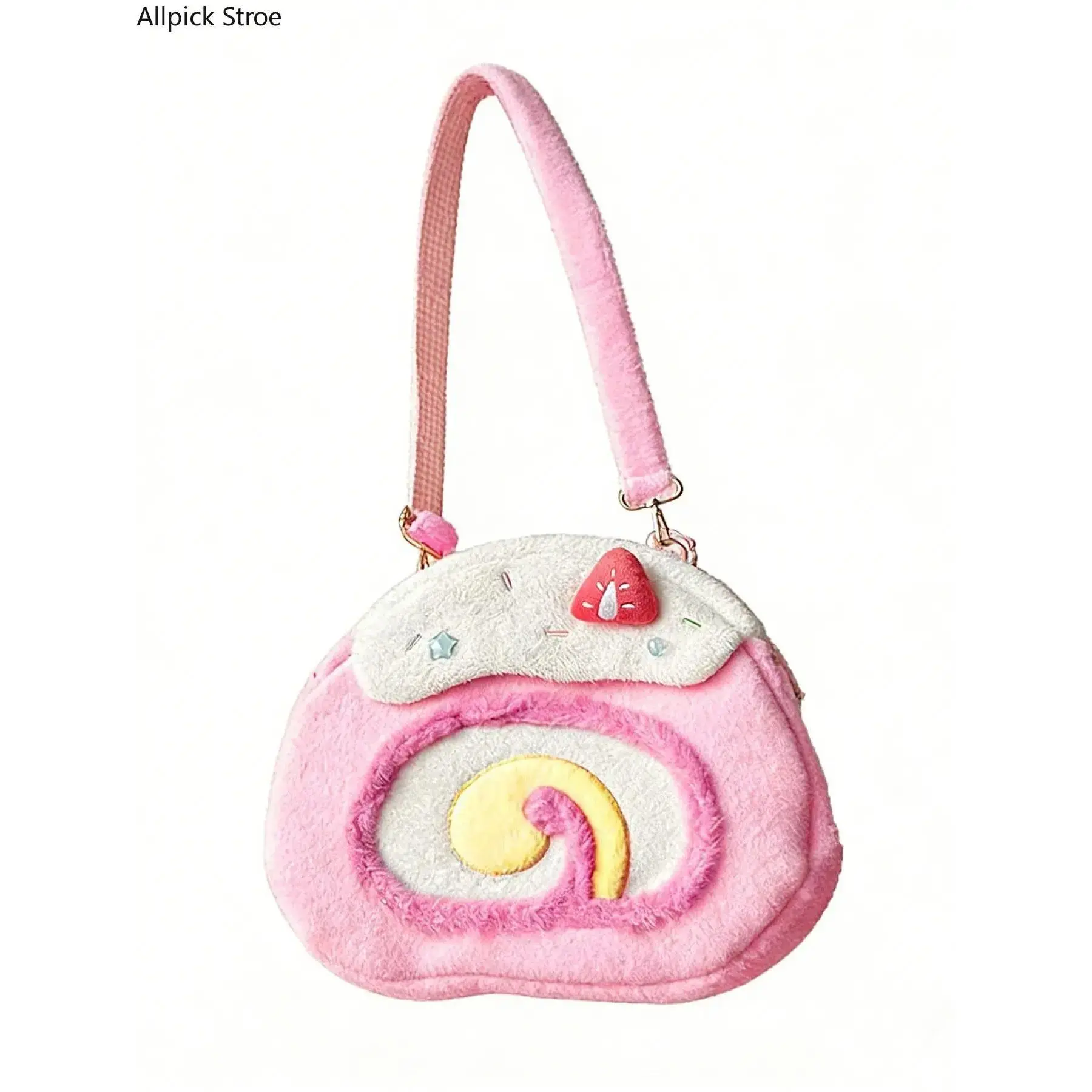 Fashionable plush cake roll shoulder bag, decorated with strawberry frosting, gradient rolled heart design, sweet and cute style, versatile item for daily street dates, Trendy crossbody bag, Cute Bags
