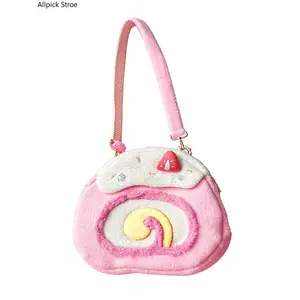 Fashionable plush cake roll shoulder bag, decorated with strawberry frosting, gradient rolled heart design, sweet and cute style, versatile item for daily street dates, Trendy crossbody bag, Cute Bags