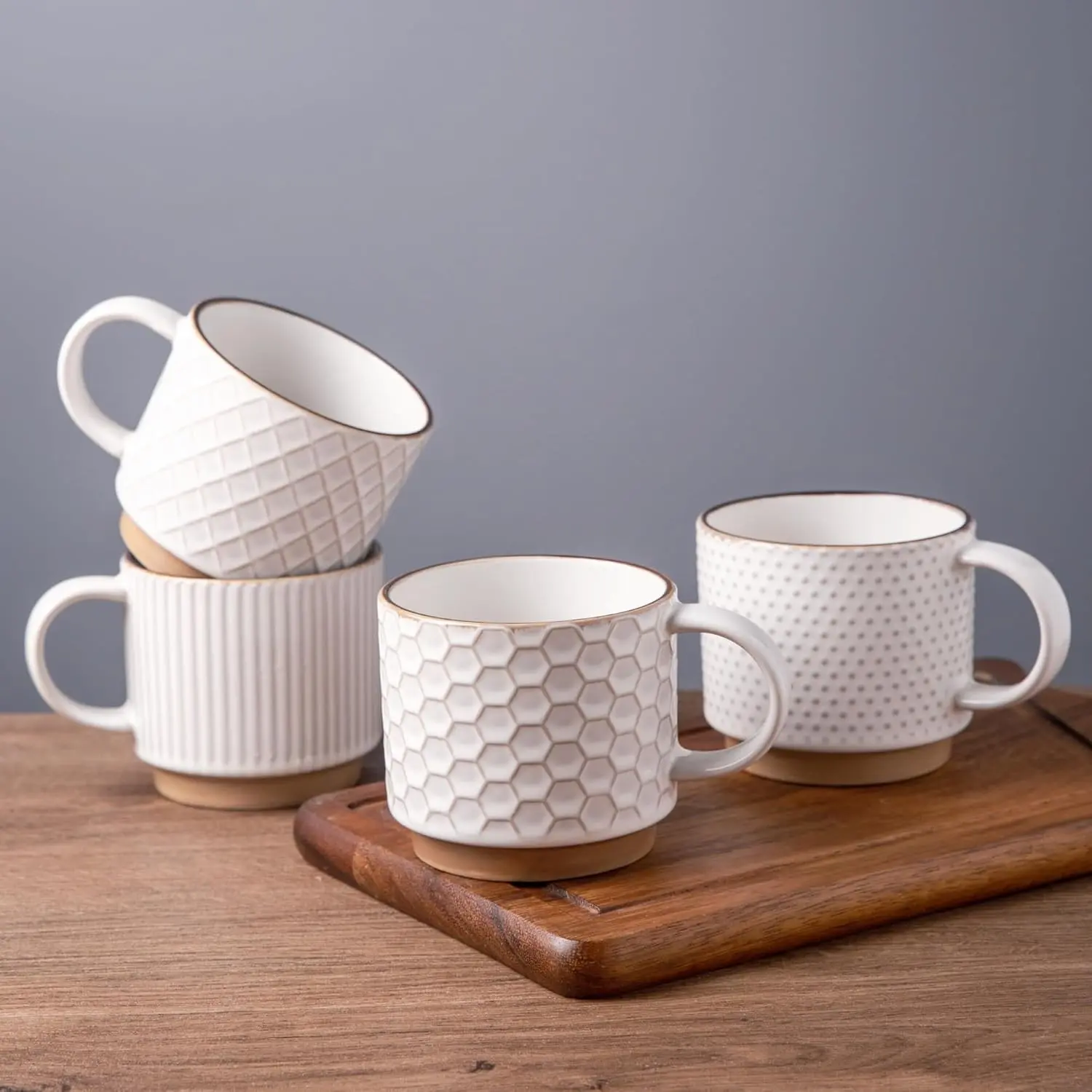 12OZ Stackable Ceramic Coffee Mugs Set of 4, Textured Off White Coffee Cups for Latte Cappuccino Cocoa, Microwave & Dishwasher Safe, Ideal Gifts for Men Women Dad Mom