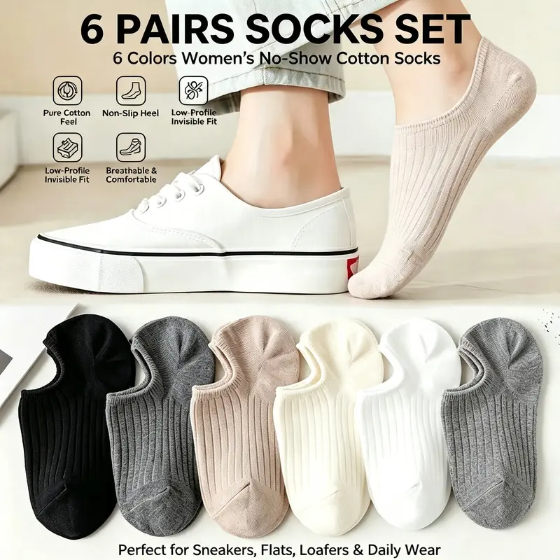 6 Pack Women Non Slip Invisible No Show Socks, Ribbed Sweat Absorbent Low Cut Boat Liner Socks, 6 Neutral Solid Color Daily Casual Socks