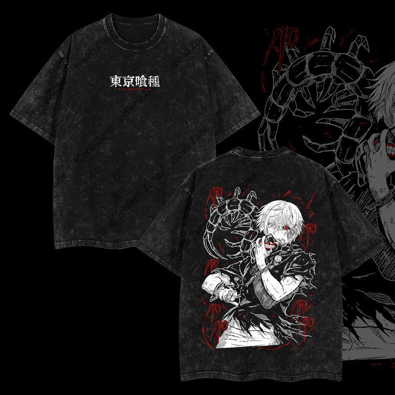 One Eyed King Kaneki Ken Tokyo Ghoul Anime Double Printed Oversize Lightweight Acid Washed Tee Vintage Streetwear Casual Soft Cotton Top Anime Fan Merch Gift Fashion Daily Wear