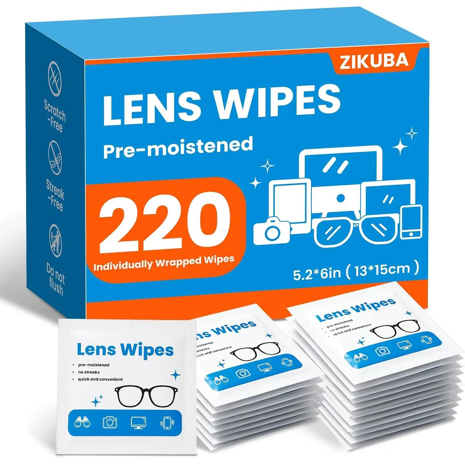Lens Wipes (Model 1), 220-Count 5.2x6 in Eyewear & Screens Cleaner Wipes for Eyeglasses