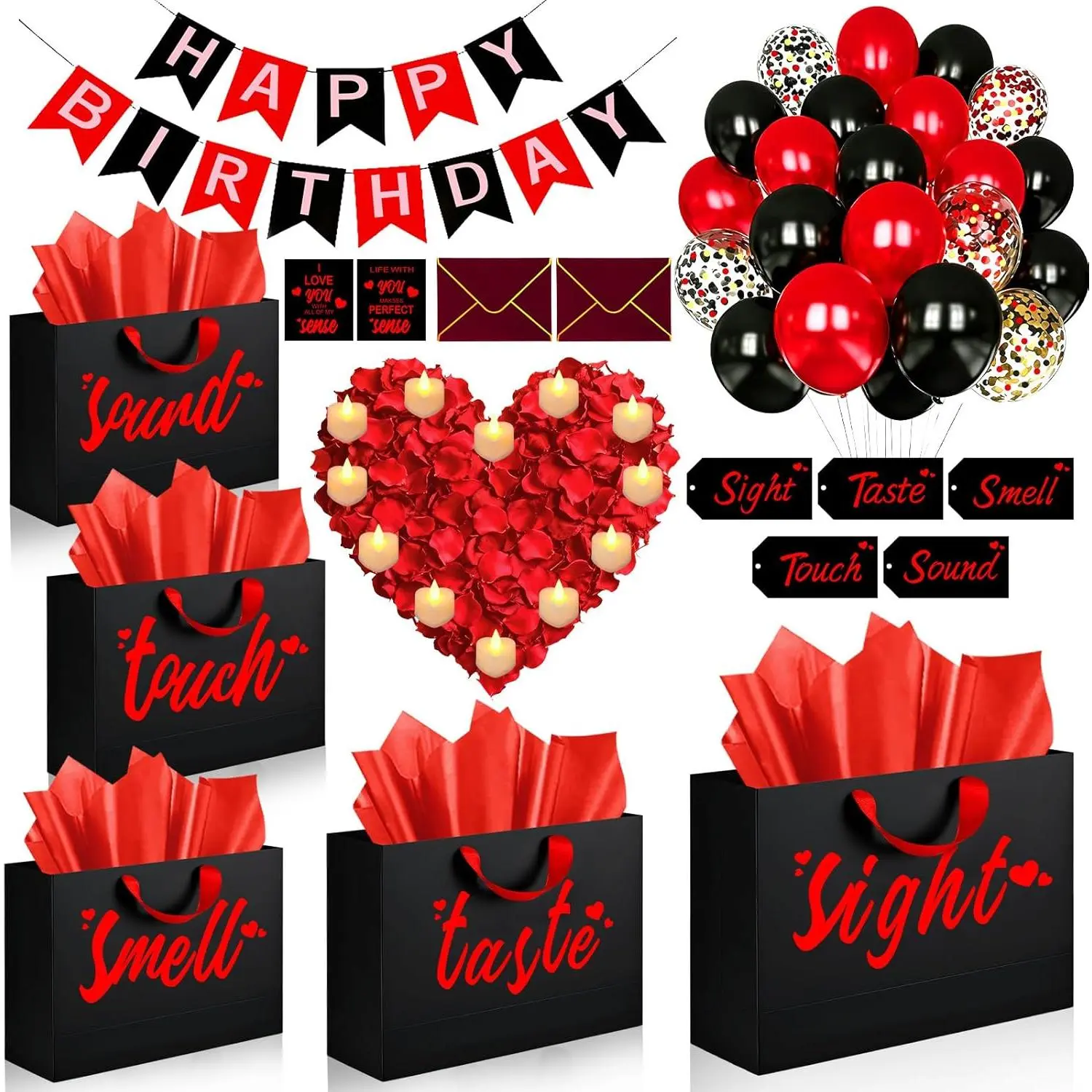 5 Senses Gift Bags for Him with Labels - Five Senses Birthday Party Decorations,Tissue Paper Rose Petals and Happy Birthday Banner Balloons for Husband Boyfriend Party Decor(Red Black)