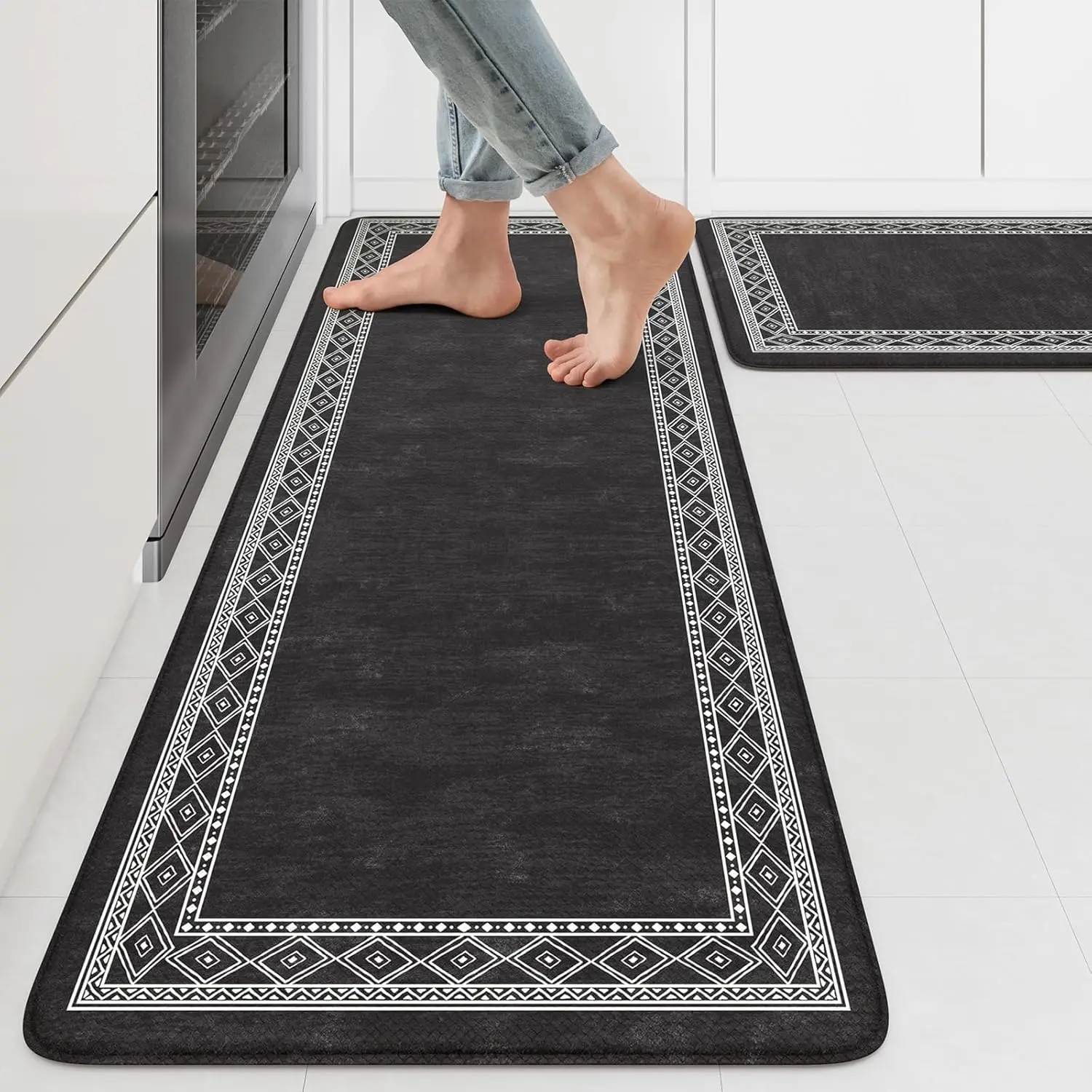 PINSOUL Monochrome Diamond-Border PVC Foam Kitchen Mat - 0.4" Thick, Black Anti-Fatigue Comfort Runner, Water Resistant Non-Slip Indoor Floor Rug for Kitchen Decor, Sink, Office Workstation