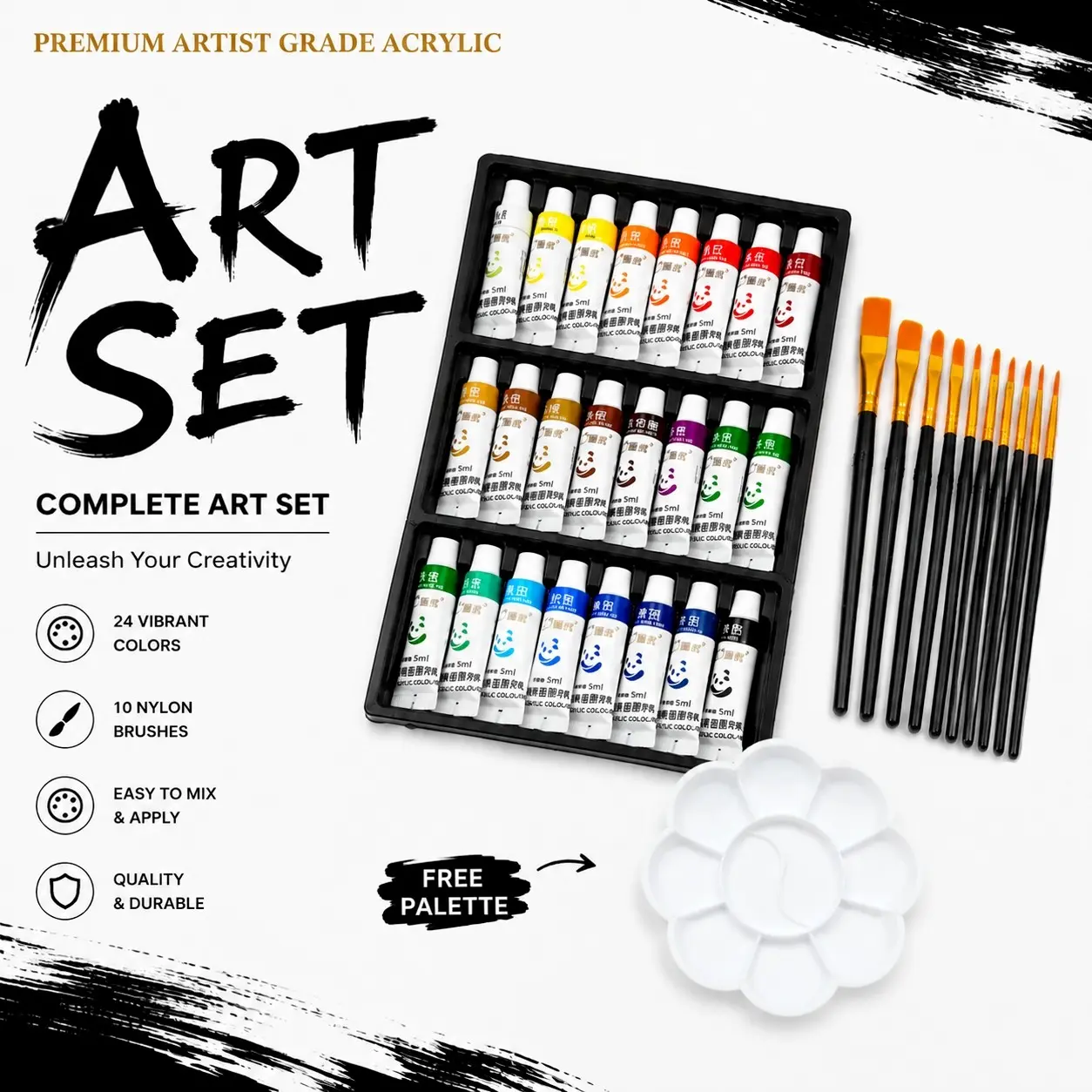 35-Piece Art Painting Set, 24 Colors Acrylic Paints, 10 Brushes, Free Palette, Ideal for Artists, Students, and Hobbyists