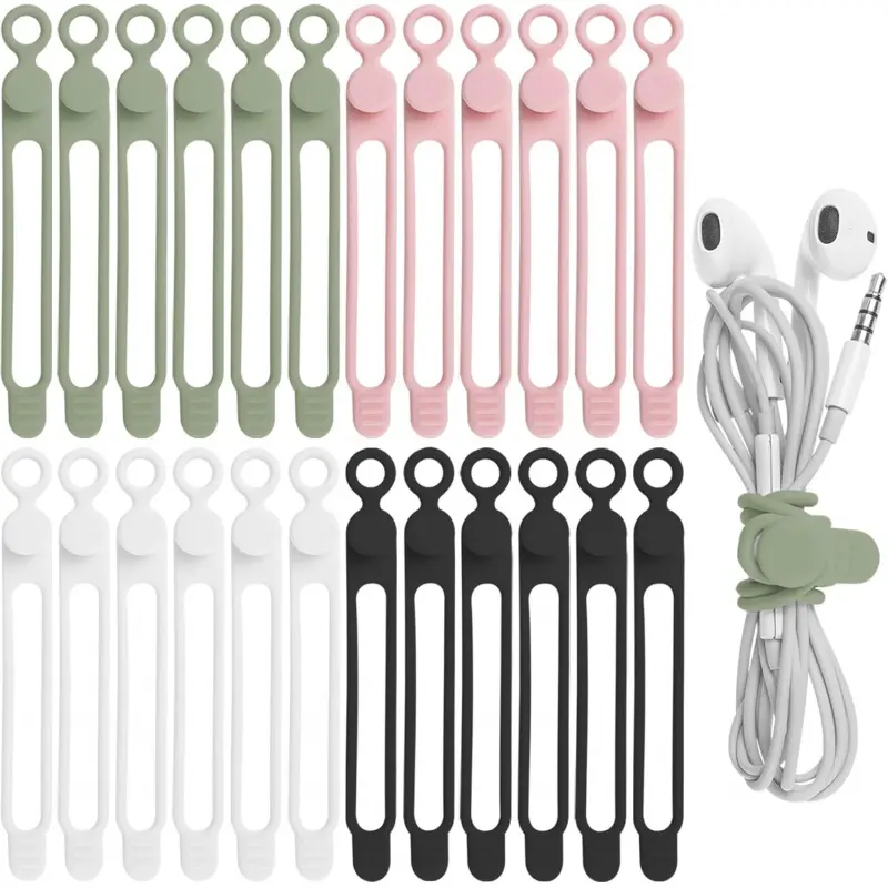 24Pcs Silicone Cable Straps Cord Organizer for Bundling Earphone, Phone Charger, Computer Cords, Reusable Cable Ties Wire Organizer in Home,Office,Kitchen,School