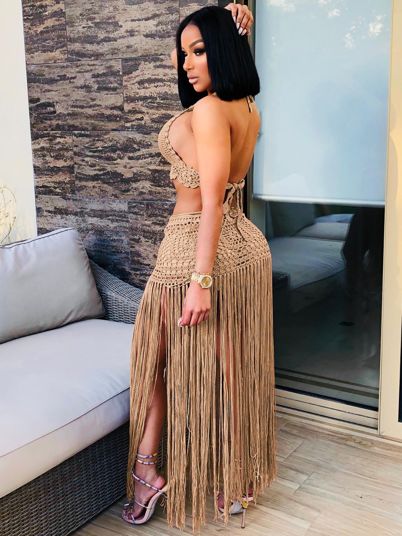 Two-piece Set Women's Halter Neck Crop Top & Fringe Trim Skirt, Casual Fashion Cozy Minimalist Knitwear Set for Daily Outdoor Wear, Ladies Clothes for All Seasons, Casual Matching Set, Suits, Cute Summer Outfit, Womenswear