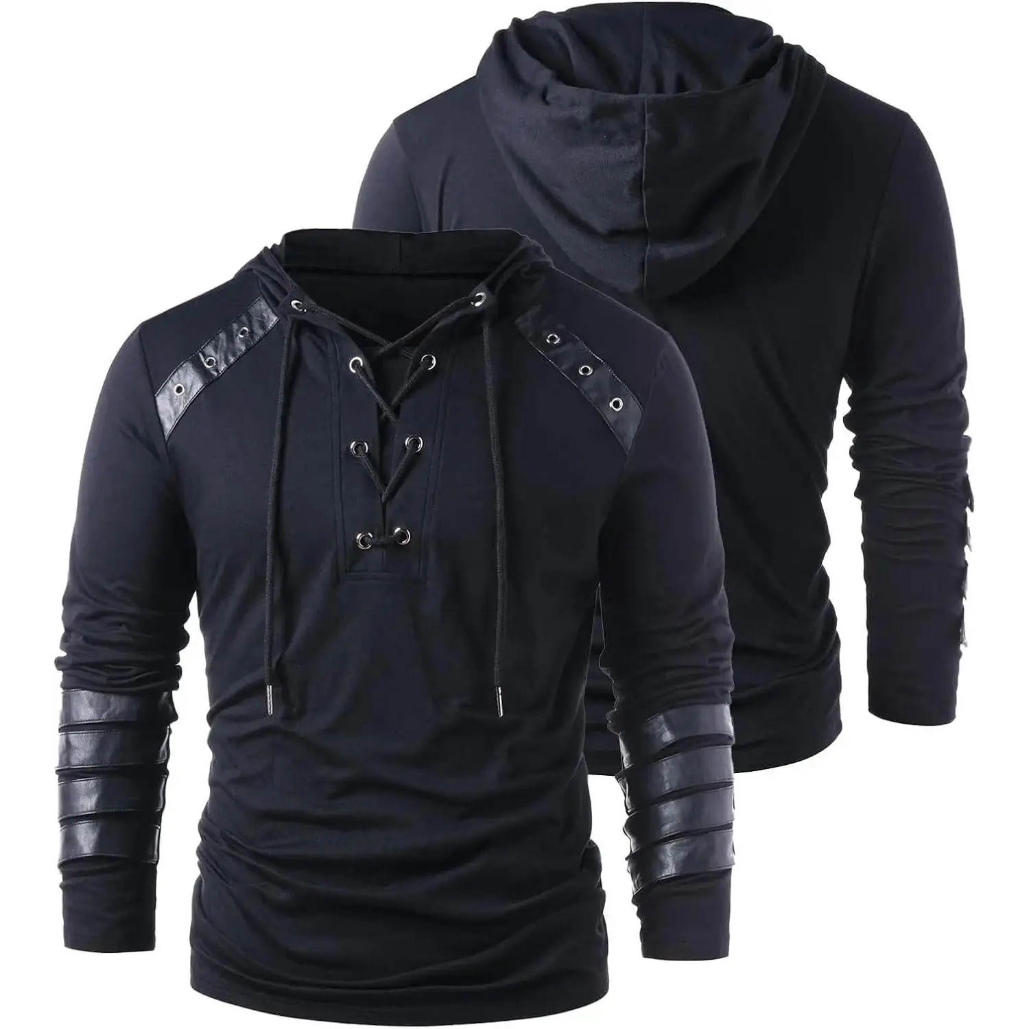Mens Gothic Lace Up Hoodie Shirts Retro Sweatshirt Vintage Steampunk Hooded Tops Halloween Cosplay Costume