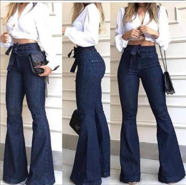2024) European and American New Fashion High Waist Hip Lift Lace-up Bell-Bottom Pants Wide Leg Pants Jeans for Women Womenswear Underwear Trouser Streetwear Trouser Streetwear Blue Denim Formal Casual Chic Comfort bell bottom jeans
