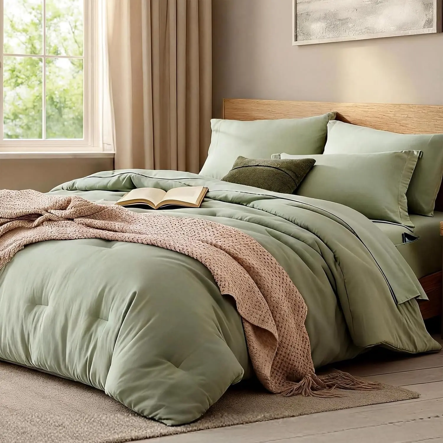 Queen Comforter Set-7 Pieces Soft Prewashed Bed in a Bag Queen Bedding Sets | All Season Comforter with Sheets, Pillow Shams & Pillowcases, Sage Green