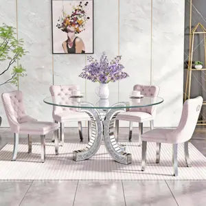 Dining Room Furniture Tempered Glass Tabletop Crushed Diamond Pedestal Mirrored Luxury Round Dining Table C-Shape Base Dinner Table（CHAIRS NOT INCLUDED）