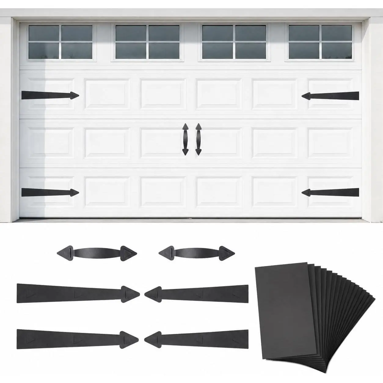 Black Magnetic Garage Door Hardware Kit - Strong Magnet, 16 Faux Windows, 4 Hinges, 2 Handles, Decorative Carriage House Accents, Waterproof DIY Makeover Set for DIY Home Projects