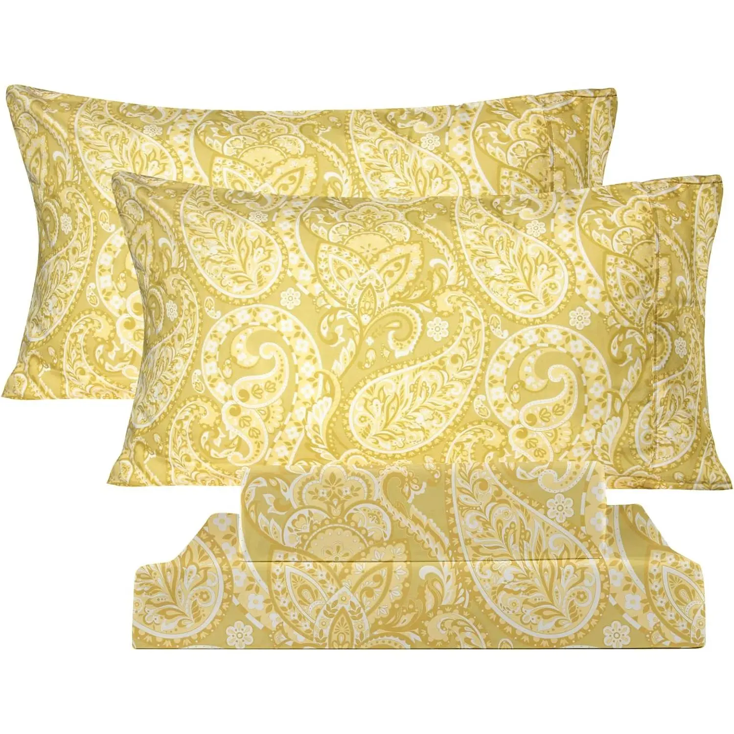 Queen Sheet Set, 4 Piece Yellow Paisley Sheets, 17" Deep Floral Pattern Sheets Queen, Soft Luxury Brushed Microfiber Bed Sheets, Easy Care Breathable Bedding Set