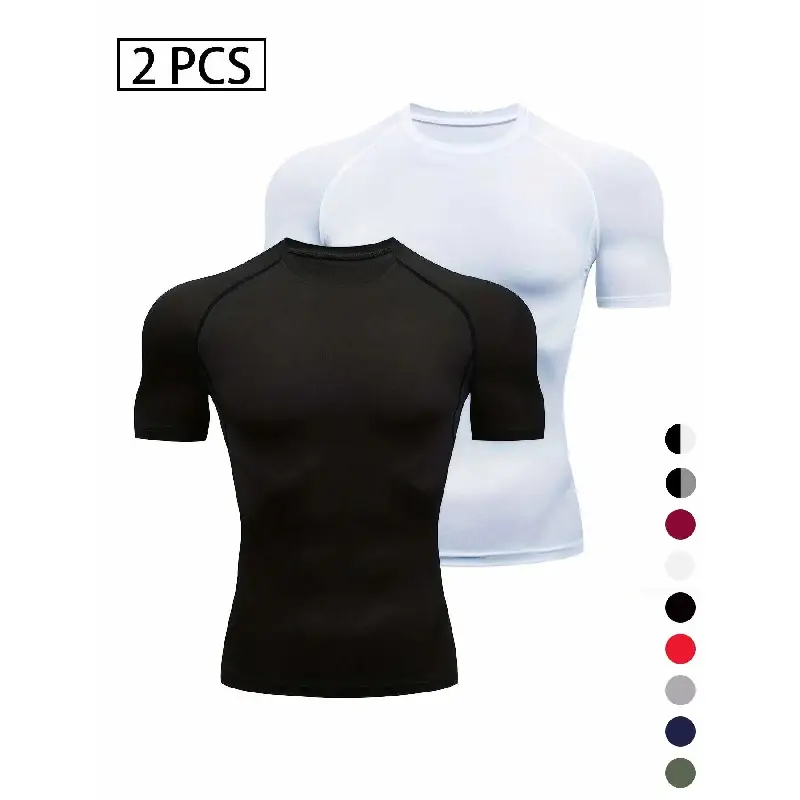 2-Pack/3-Pack Men's Plain Round Neck Sports Tee, Activewear, Quick Drying Breathable Short Sleeve Compression T-shirt, Crew Neck Raglan Sleeve Tops for Outdoor Activities Clothing