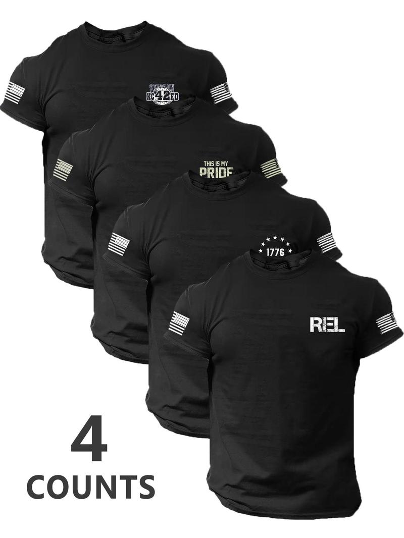 Men's Flag Print Round Neck Tee, Regular Fit Casual Short Sleeve Crew Neck T-Shirt for Summer, Men's Top for Daily Wear