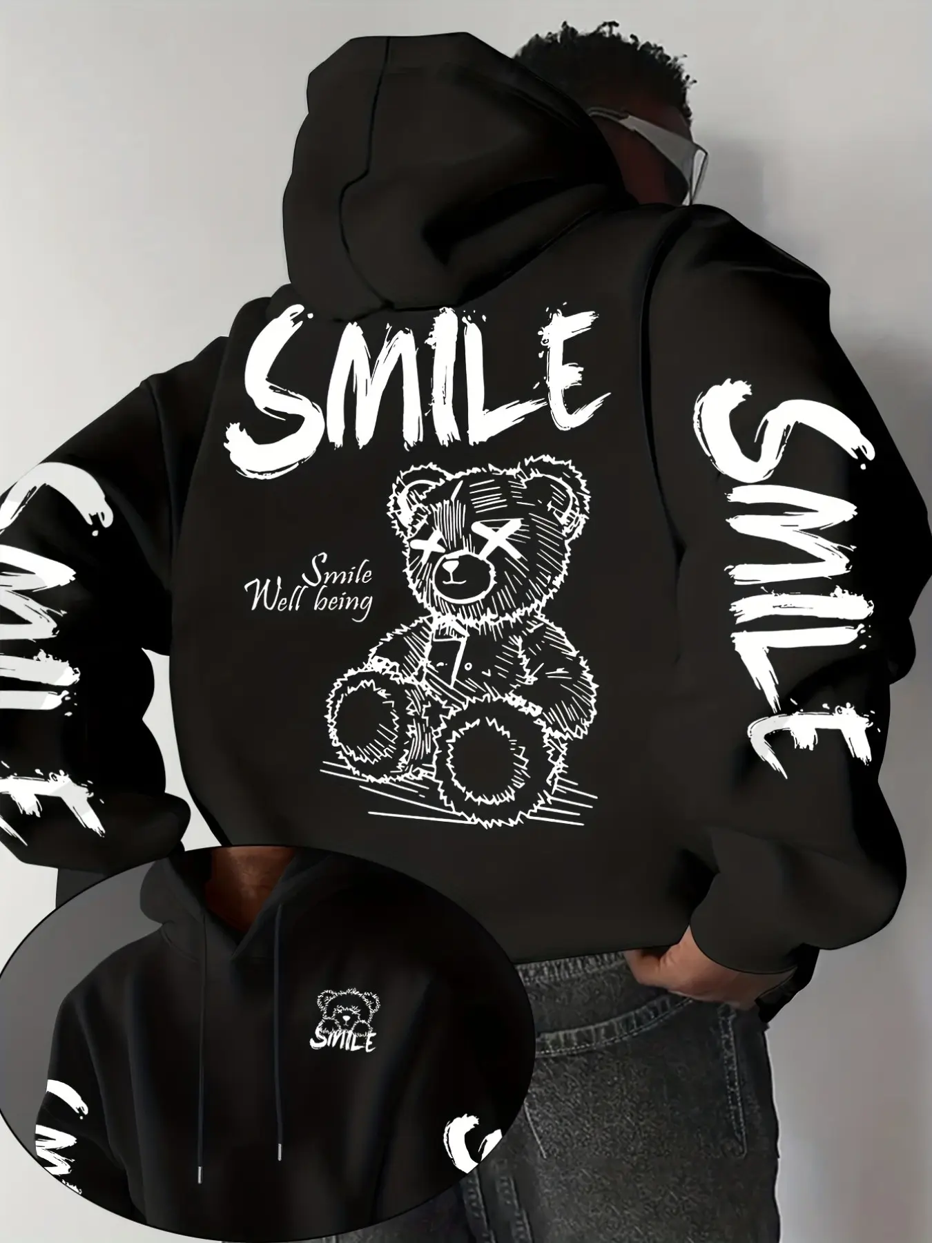 Men's Plus Size Oversized Bear and Letter Print Hooded Sweatshirt, Casual Fashion, Long Sleeve, Loose-Fitting, Short Length, Graphic Design