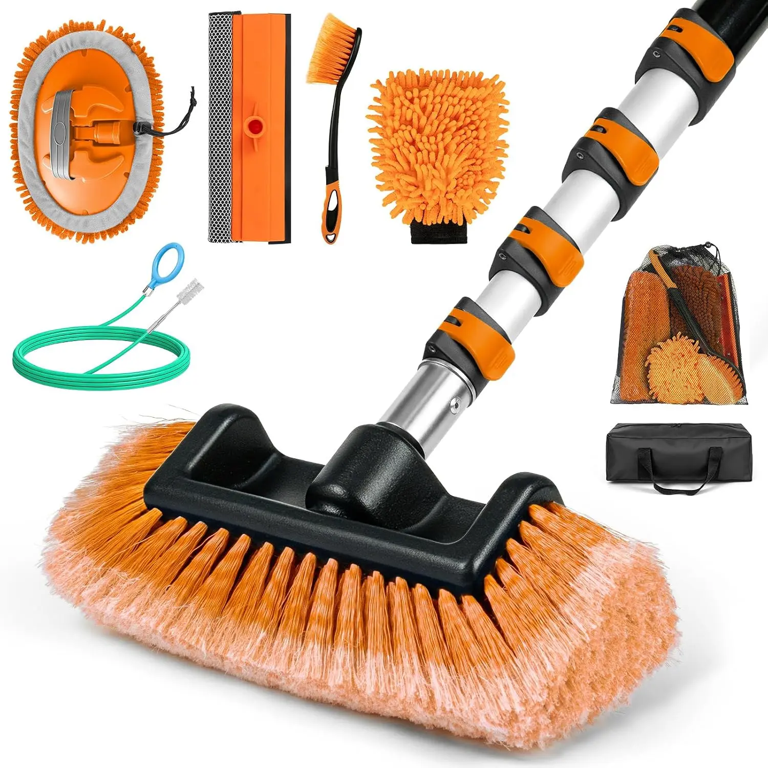 12FT  Wash Brush with Long Handle, ing Kit with Telescoping Pole,Soft Bristle Brush,Wheel Brush, Window , Chenille Mop&Mitt, Sunroof Drain Tool, Bags for RV,,boat