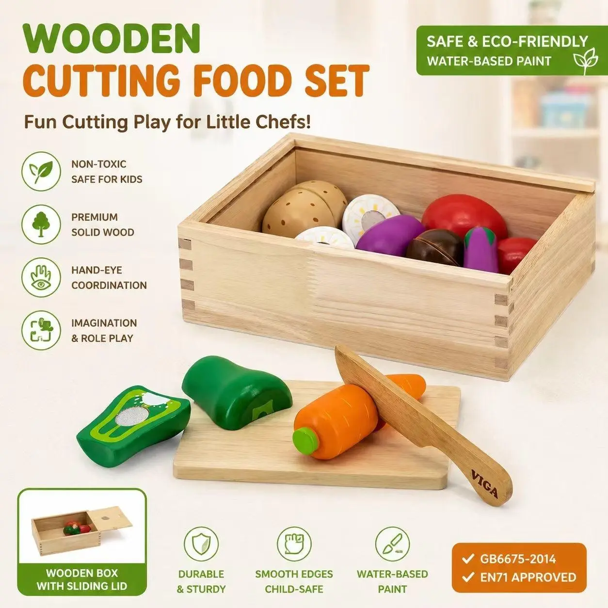 Wooden Vegetable Set with Storage Box, Educational Kitchen Toy for Kids, Realistic Food Slicing Kit, Safe Wooden Cutlery, Role Play Gift