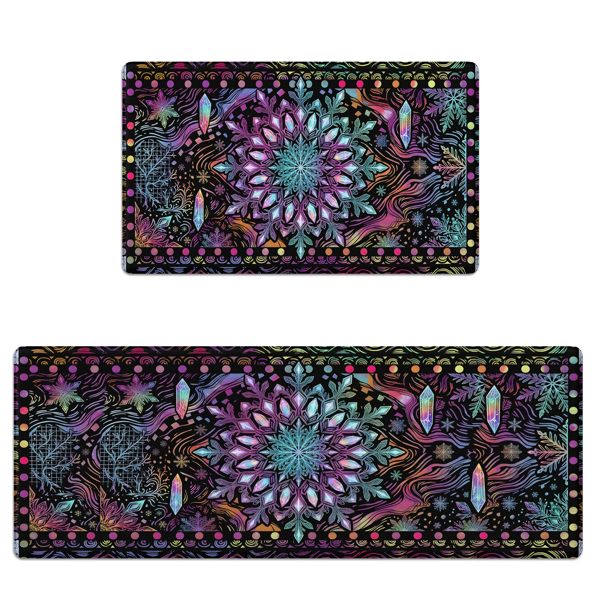 Kitchen Mat Set of 2 Anti-Fatigue Cushioned Memory Foam Non-Slip Scratch-Resistant & Waterproof Colorful Mandala Crystal Pattern Kitchen Rug