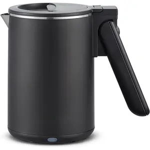 Dual Voltage 120-230V, Travel Double Wall Insulated Cool-Touch, 0.6L Electric Kettle Stainless Steel Interior, Hinged-Locking Lid, Auto Shut-Off, Boil Dry Protection, Black