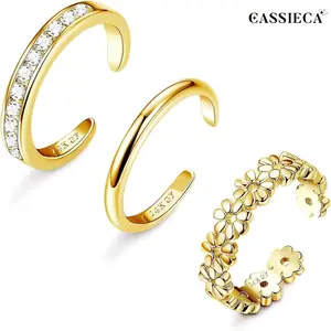 CASSIECA 3PCS Toe Rings Adjustable 14K Plated Gold Filled Toe Ring Set Open Band Simple CZ Daisy Flower Toe Rings  Summer Beach Foot Jewelry for Women