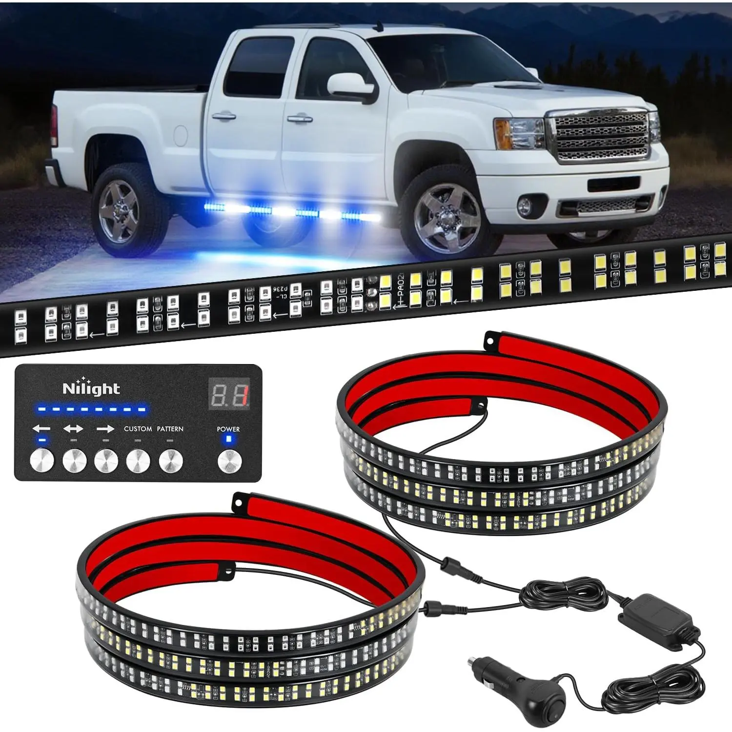 Nilight 2PCS 70-Inch Strobe LED Light Strips with Controller, 864 LEDs, 38 Strobe Patterns, Adhesive, Flexible Hose, Mounting Hardware, Easy Installation, 50000-Hour Lifespan, Waterproof Blue White Truck Running Board Lights, Strobe Light Kit, Automotive